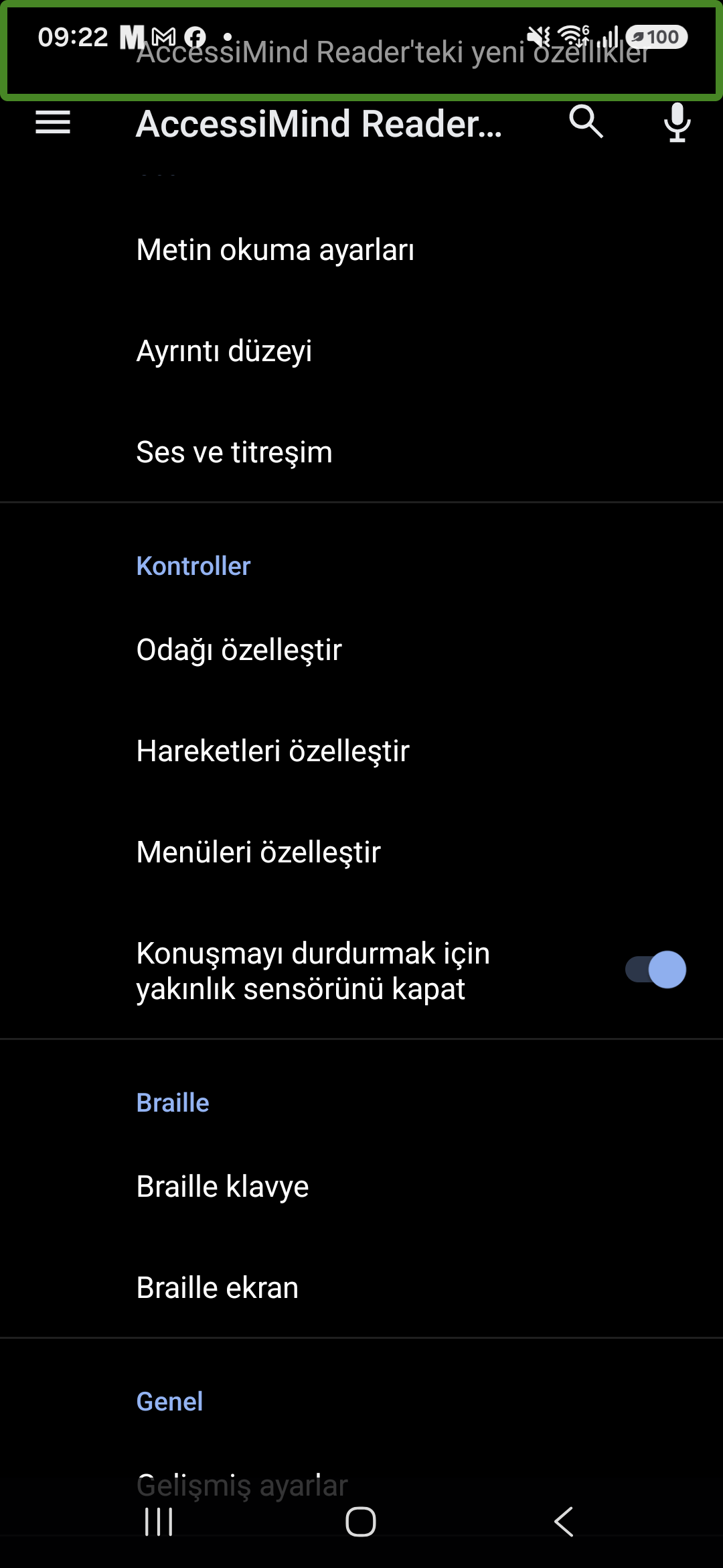 AccessiMind Reader ana ayarlar ekranı