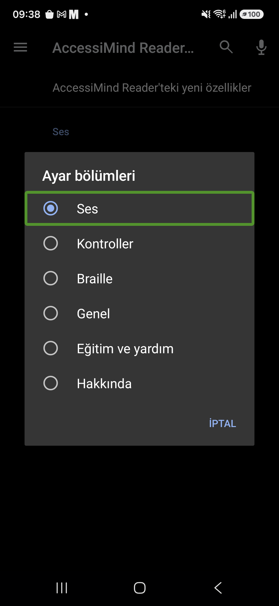 AccessiMind Reader Ayar bölümleri iletişim kutusu